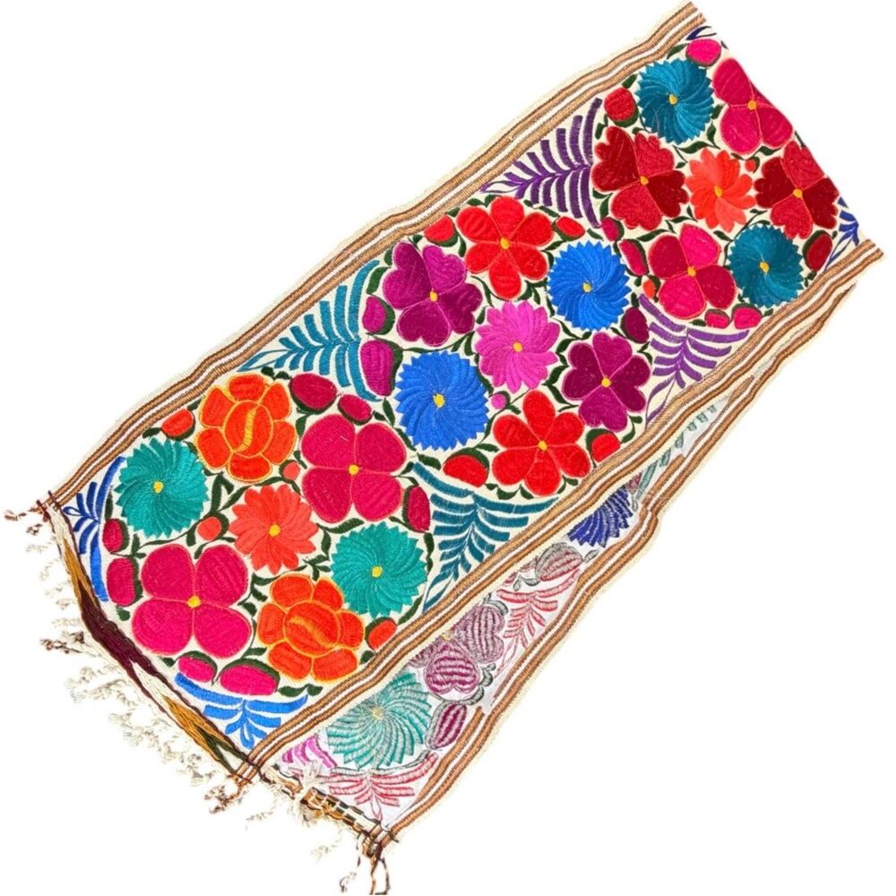 Hand-Embroidered Mexican Floral Table Runner Vibrant Chiapas Folk Art Style